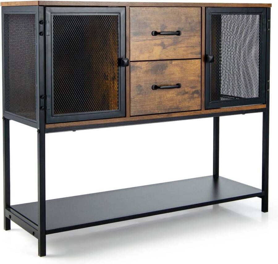 Industriële sideboard multifunctionele bijzetkast met kasten en laden en onderste plank consoletafel voor woonkamer slaapkamer keuken eetkamer bruin + zwart