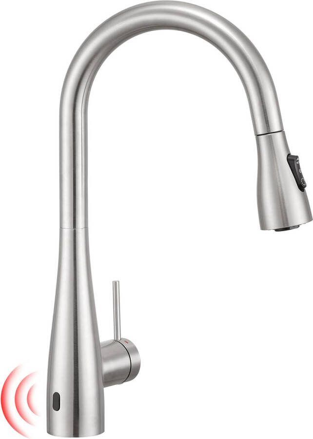 Infrarood kraan met automatische sensor keuken mengkraan met uittrekbare douche spoelbakarmatuur 360° draaibare hogedruk waterkraan keuken uit roestvrij staal