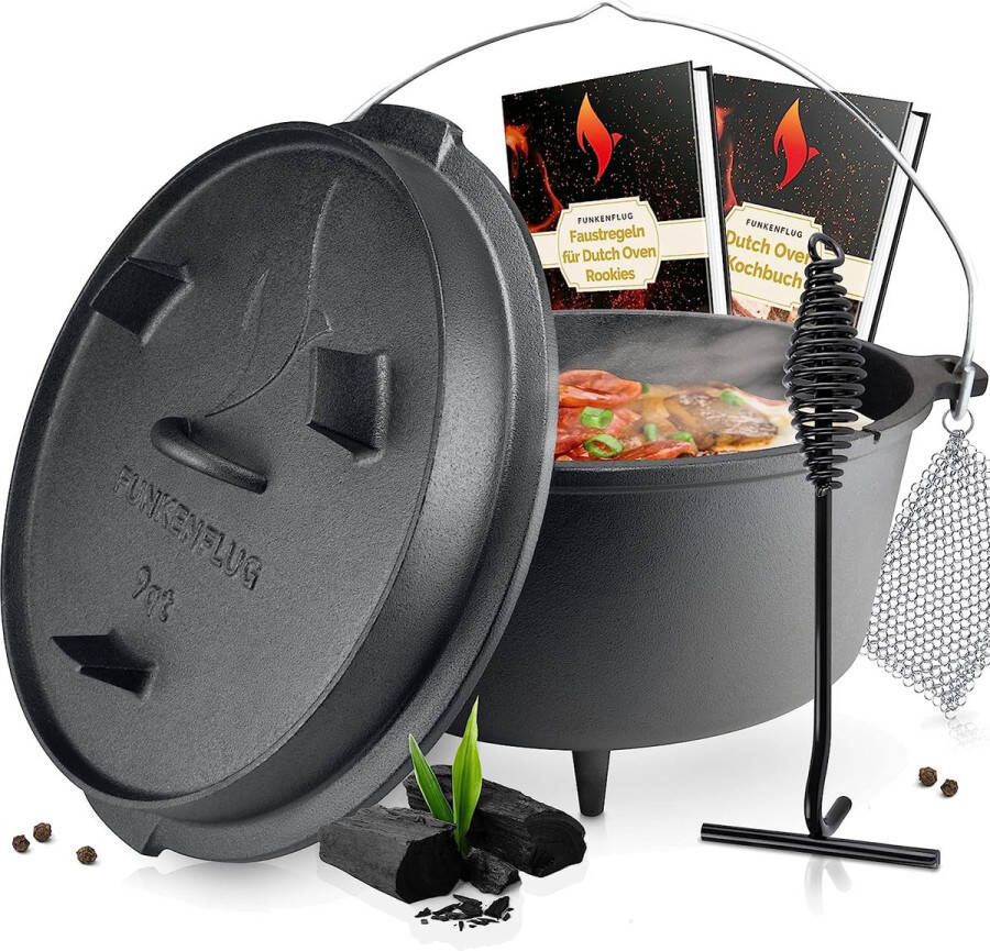 Ingebrand Dutch Oven Set [ca. 9 liter] voor gezellige barbecue-avonturen BBQ vuurpot van massief dikwandig gietijzer incl. Dutch-Oven accessoireset [tas deksellift en ringreiniger]