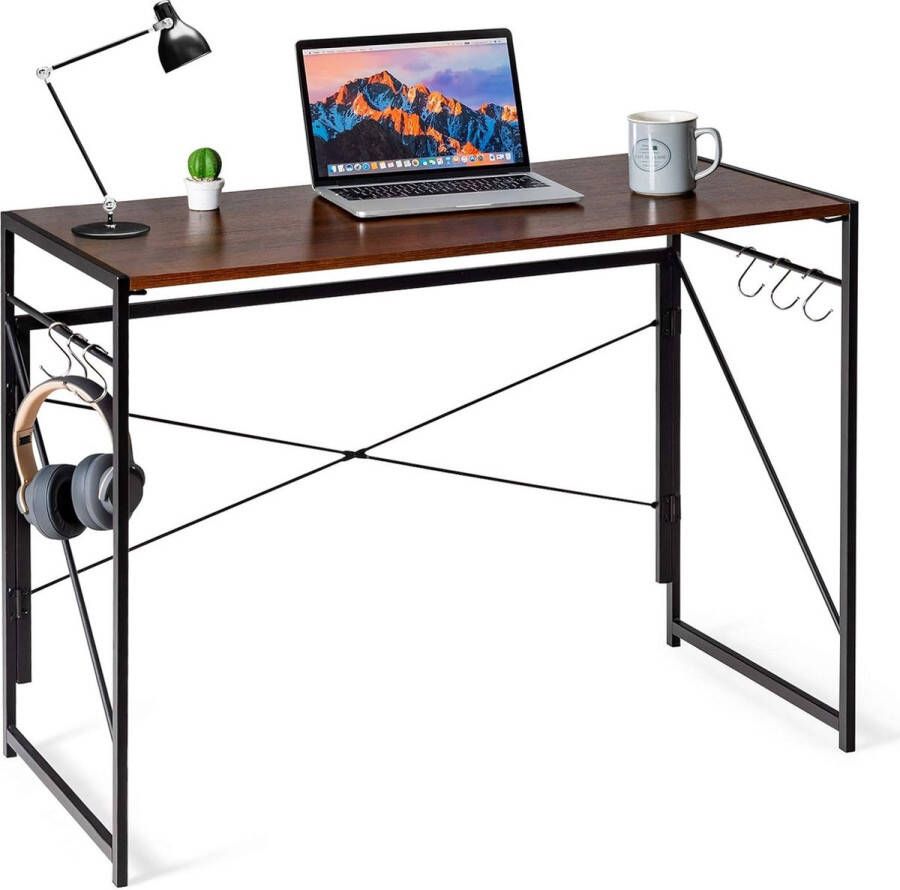 Inklapbaar bureau klaptafel met 6 haken en metalen frame computertafel laptoptafel werktafel industrieel voor thuis en kantoor 100 x 50 x 75 cm (bruin)