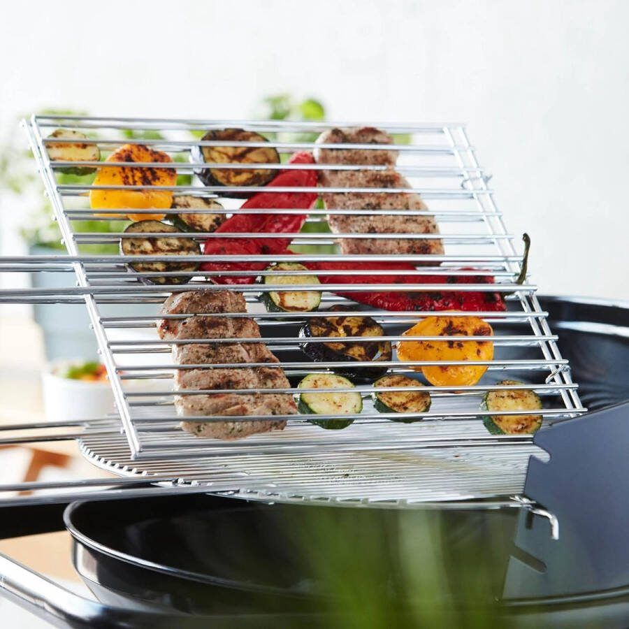 Inklapbaar grillrooster van verchroomd roestvrij staal met hoogwaardige handgreep van hout voor het grillen van vlees vis en andere grillgerechten 72 x 1 x 34 cm