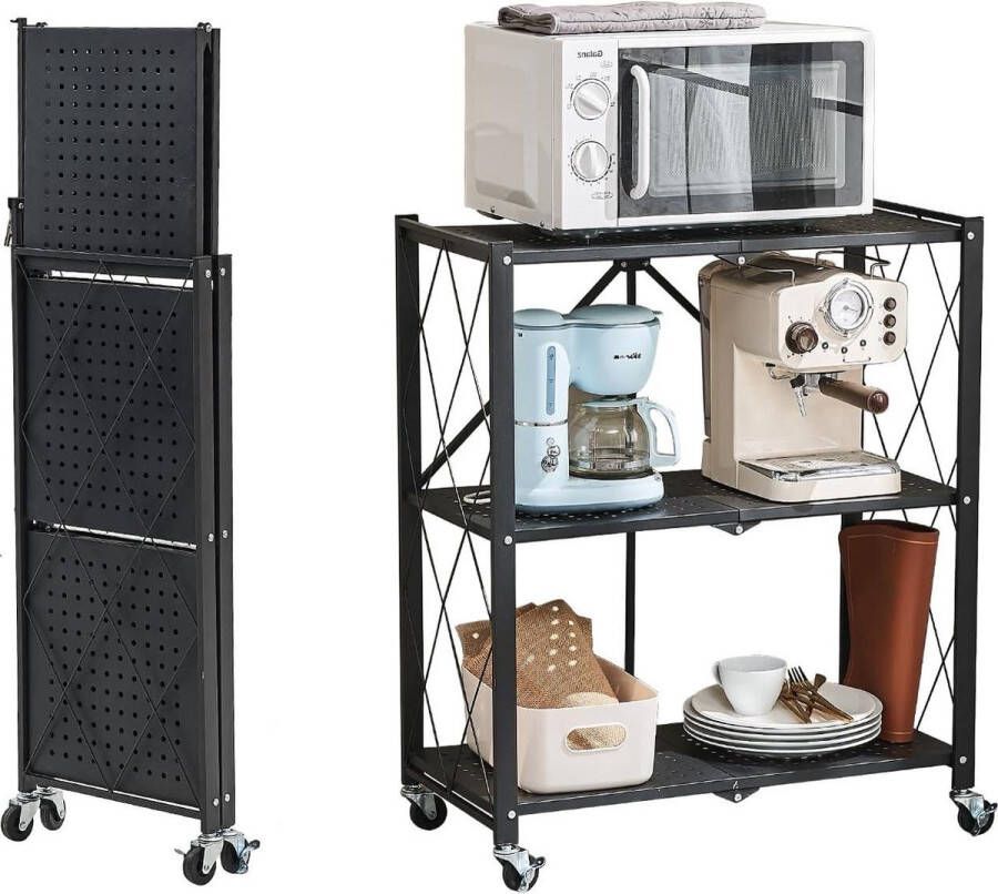 Inklapbaar metalen rek met wieltjes 3 etages zwart opbergrek voor zware belasting keuken kantoor 72 x 34 x 87 cm opbergrek inklapbaar