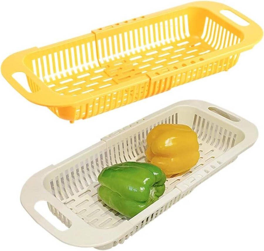 Inklapbaar plastic vergiet over de gootsteenzeef 2 stuks met handvat fruit groente gerechten beige en geel