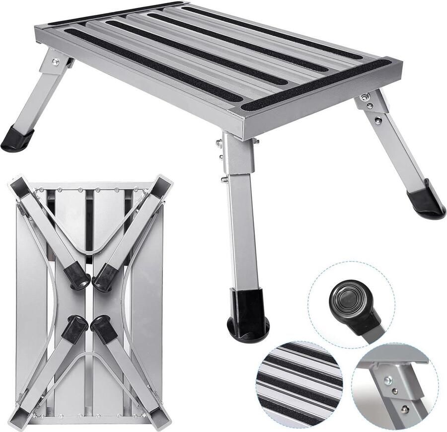 Inklapbaar werkplatform aluminium Opstapje vouwtrapladder 1 trede Maximale belasting 150 kg 48 x 30 cm Antislip rubberen voeten Antislipmat