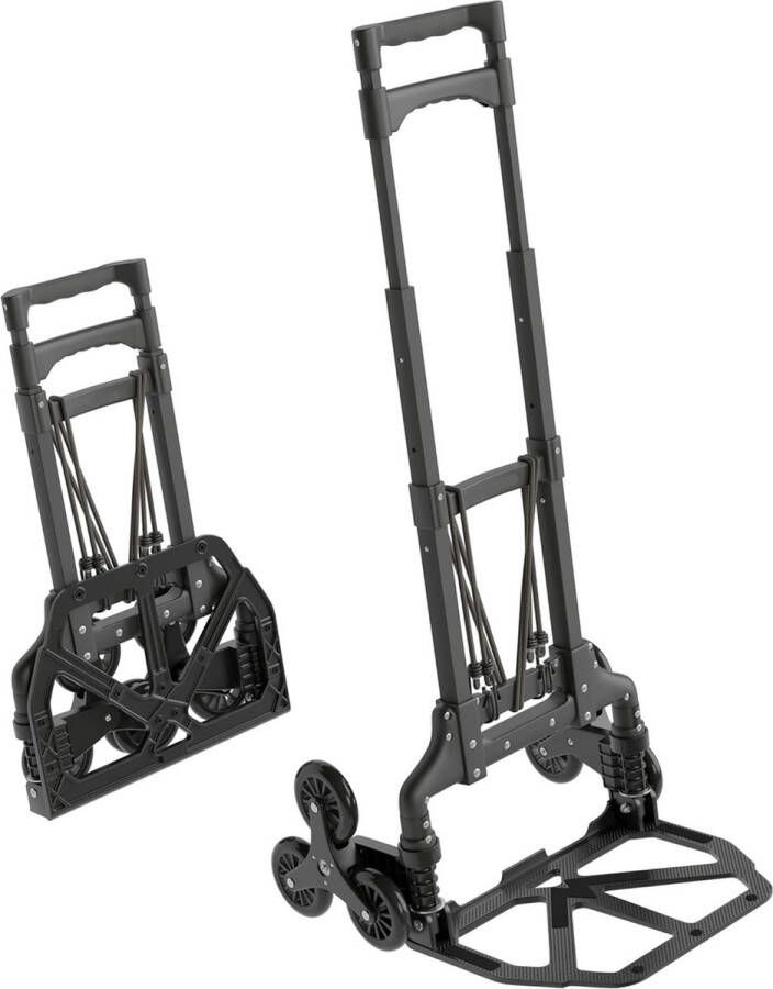 Inklapbare Aluminium Traploper Steekwagen Extra Lange Greep 110 cm Antislip Laadvlak Incl. 2 Expanderkabels Zwart