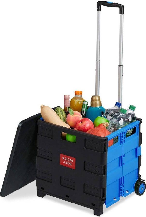 Inklapbare boodschappentrolley tot 35 kg 50L krat met telescopisch handvat en vouwkrat 2 wielen Blauw zwart