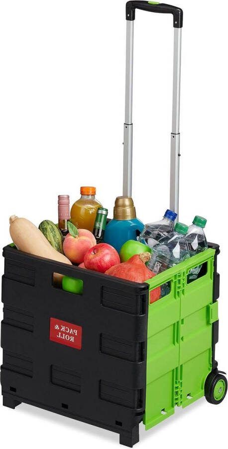 Inklapbare boodschappentrolley tot 35 kg Kunststof krat met telescopisch handvat Vouwkrat met 2 wieltjes Groen