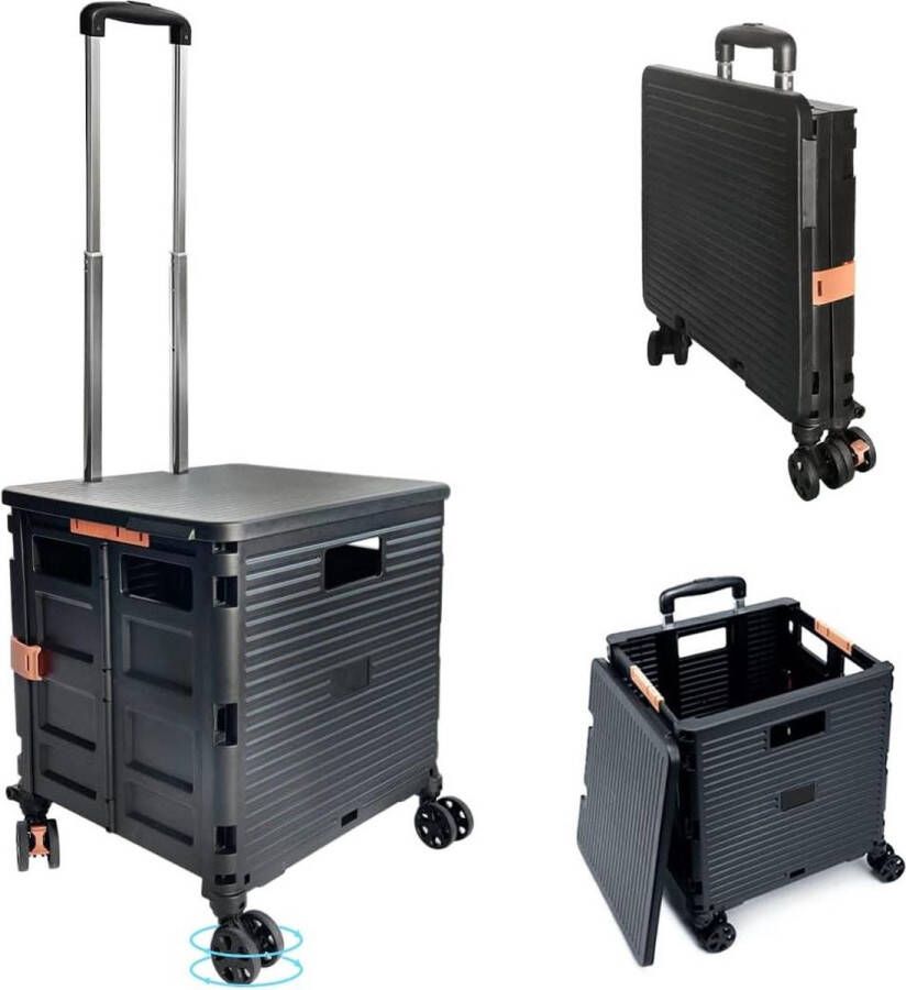 Inklapbare Boodschappentrolley transport trolley tot 80 kg Met deksel en telescopische handgreep 4 wielen Zwart boodschappenkrat met wielen