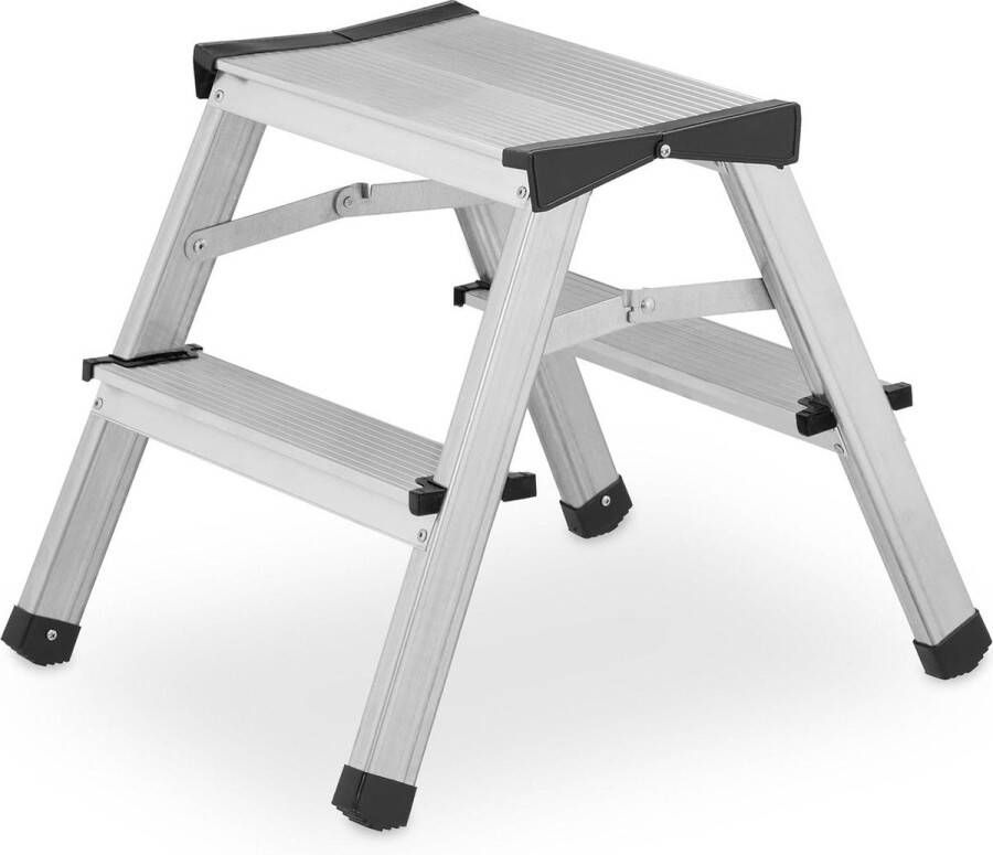 Inklapbare dubbele trap 2 treden lage huishoudtrap tot 125 kg opstapje HBD ca. 38 x 39 x 46 cm zilver
