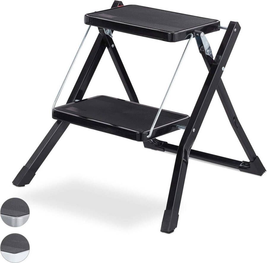 Inklapbare huishoudtrap 2 treden ruimtebesparend slipvast ijzer HBD 5x50x50 cm zwart