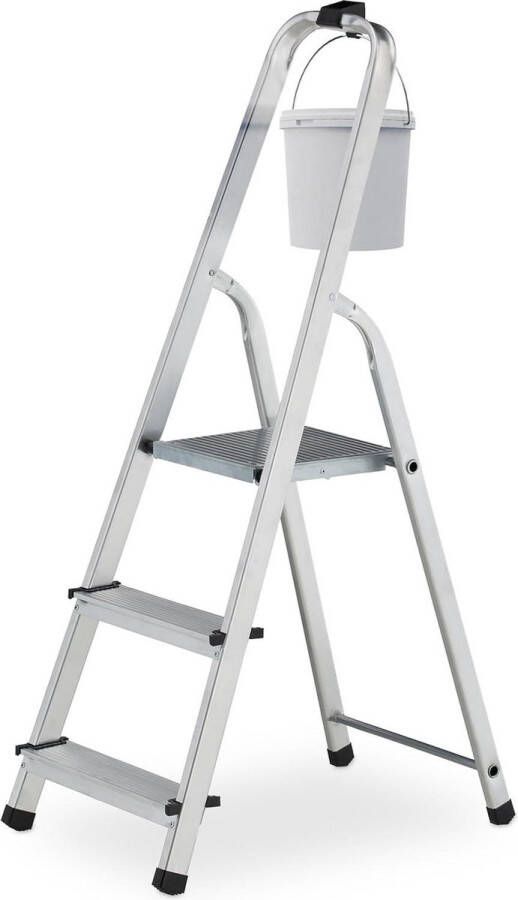 Inklapbare huishoudtrap 3 treden licht 125 kg met leuning 116 x 405 x 61 cm keukentrap zilver zwart