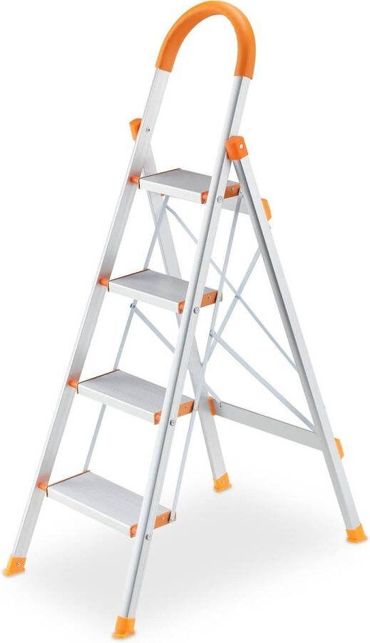 Inklapbare huishoudtrap aluminium 150 kg 4 treden veilig keukentrap zilver-oranje met steun