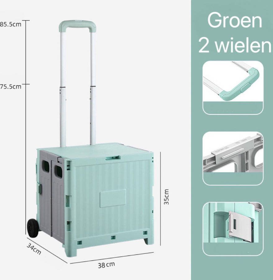 Inklapbare krat Opvouwbare krat Inklapbare krat met deksel 45 L Boodschappentrolley Opvouwbare boodschappentrolley Boodschappenkrat Vouwkrat Trolley Groen 2 wielen