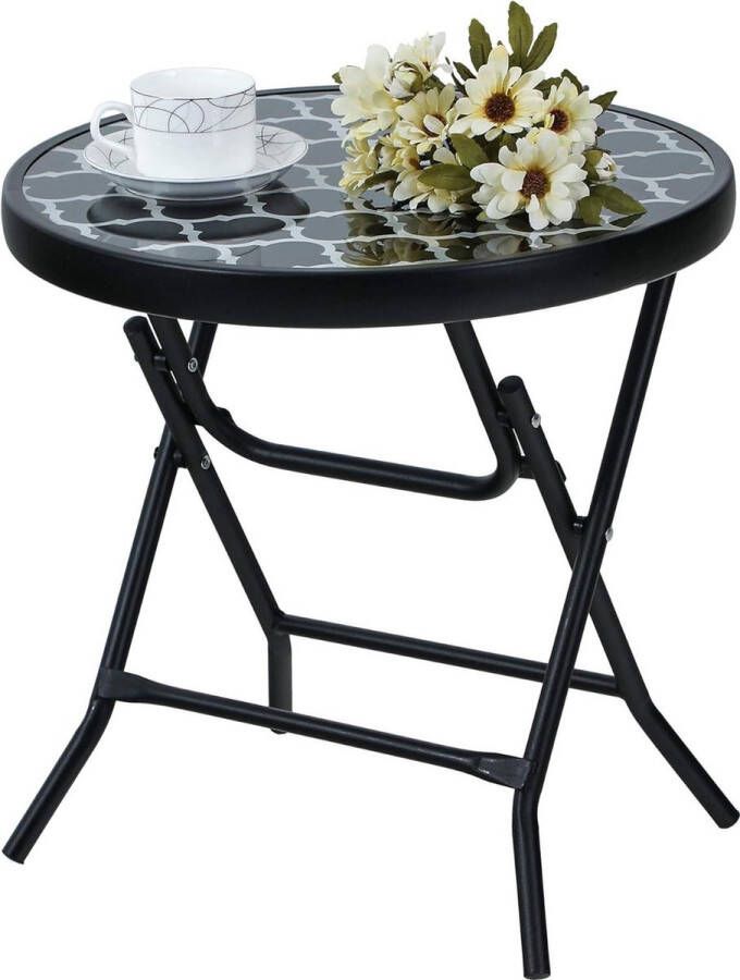 Inklapbare ronde glazen bijzettafel metaal tuintafel koffietafel klein balkontafel weerbestendig onderhoudsarm balkon tuin terras woonkamer