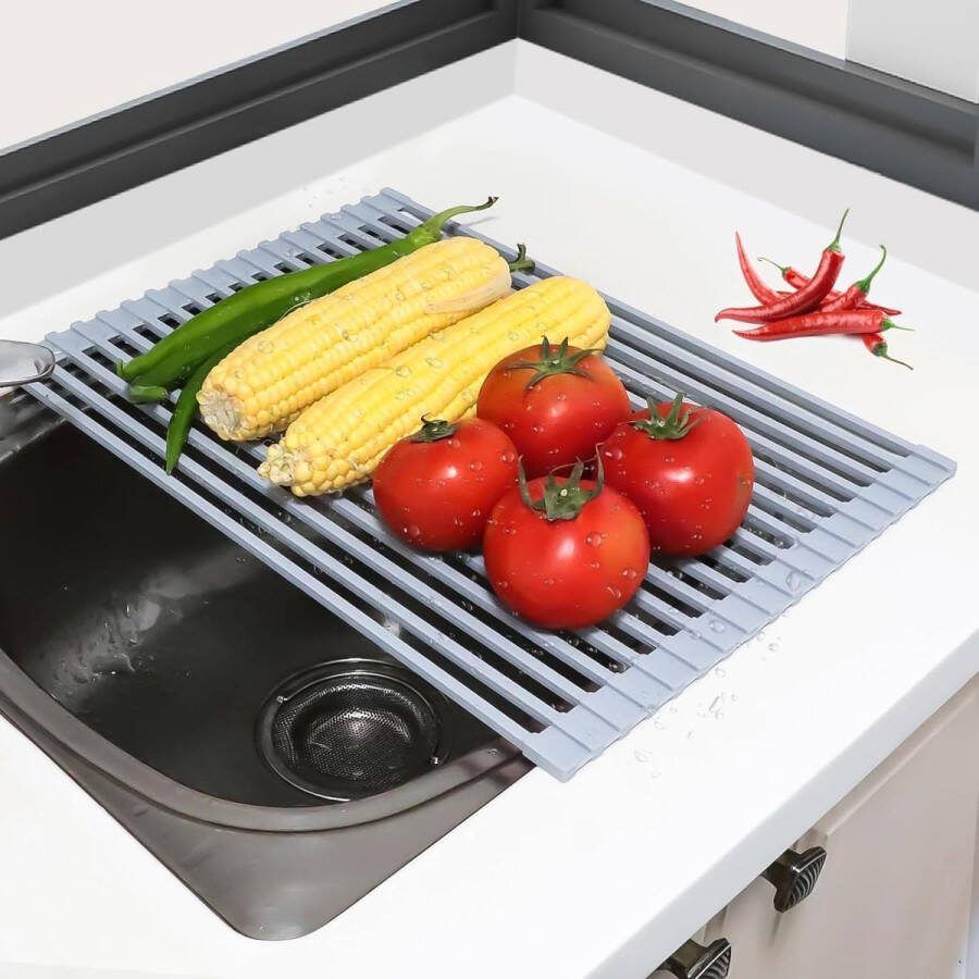 Inklapbare spoelbak afdruiprek staal siliconen afdruiprek ruimtebesparend keukenaccessoires voor het drogen van bestek en groenten 43 x 30 5 cm grijs