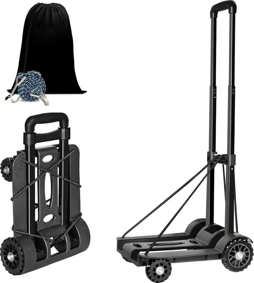 Inklapbare steekwagen 50 kg opvouwbare trolley met 4 wielen robuust aluminium draagbaar inclusief 3 elastische touwen en opbergtas voor winkelen kamperen vissen en reisartikelen vervoer