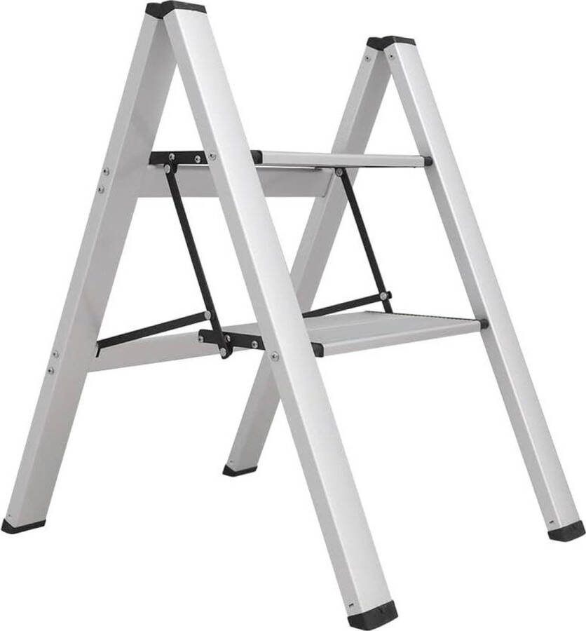 Inklapbare Trapladder 2 Treden Aluminium Ladder Draagbaar Antislip en Stevig 175 cm Breed Huishoudladder tot 135 kg Voor Keuken Kantoor Garage Zilver