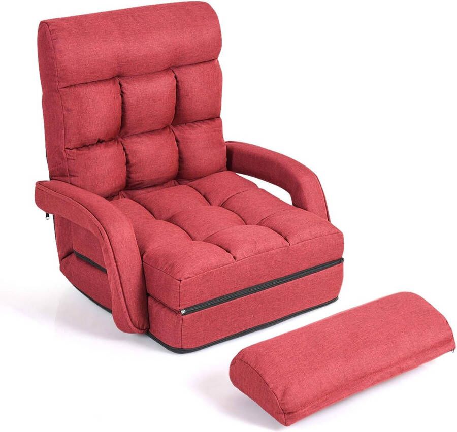Inklapbare vloerstoel met armleuningen en kussens comfortabele meerhoekstoel van katoen luie slaapbank met verstelbare rugleuning voor slaapkamer woonkamer kantoor (rood)