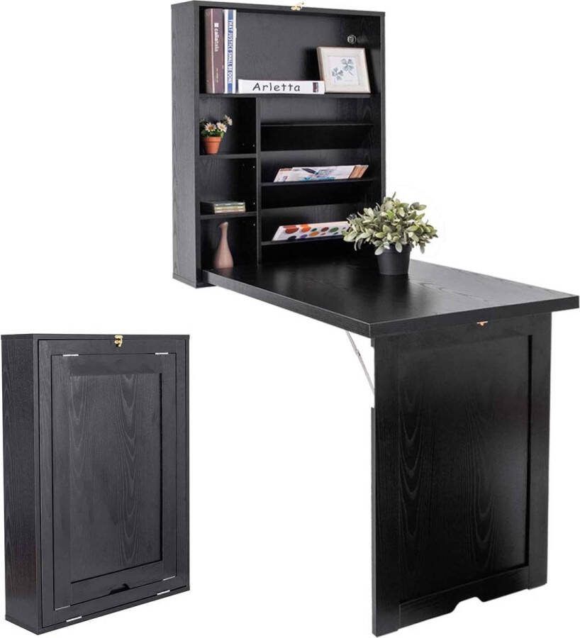 Inklapbare wandtafel met 2 in hoogte verstelbare planken bartafel hout computertafel met opbergruimte tafel ideaal voor keuken woonkamer werkkamer en bar (zwart)