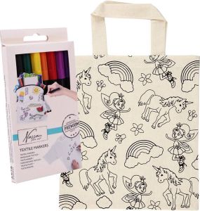 Merkloos Inkleurbaar tasje eenhoorns thema inclusief 8x textielstiften Hobbypakket