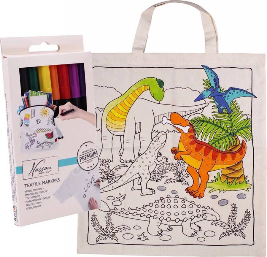 Merkloos Inkleurbaar tasje met dinosaurus motief incl 8x textielstiften katoen 38 x 42 cm Hobbypakket