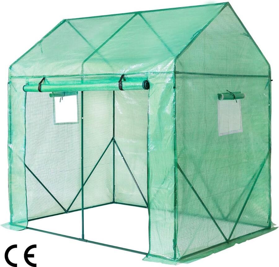 Inloopkas 200 x 140 x 200 cm PE kweektent met 2 ramen versterkt anti-UV dekzeil en metalen frame grondpennen en touw inbegrepen ideaal voor tuinplanten
