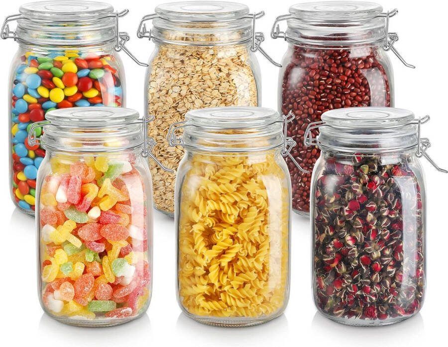Inmaakpotten 1 6L verpakking van 6 voorraadpotten met klapsluiting voorraadpotten met deksel luchtdichte containers luchtdicht bewaren dankzij de rubberen ring en draadzwaaisluiting