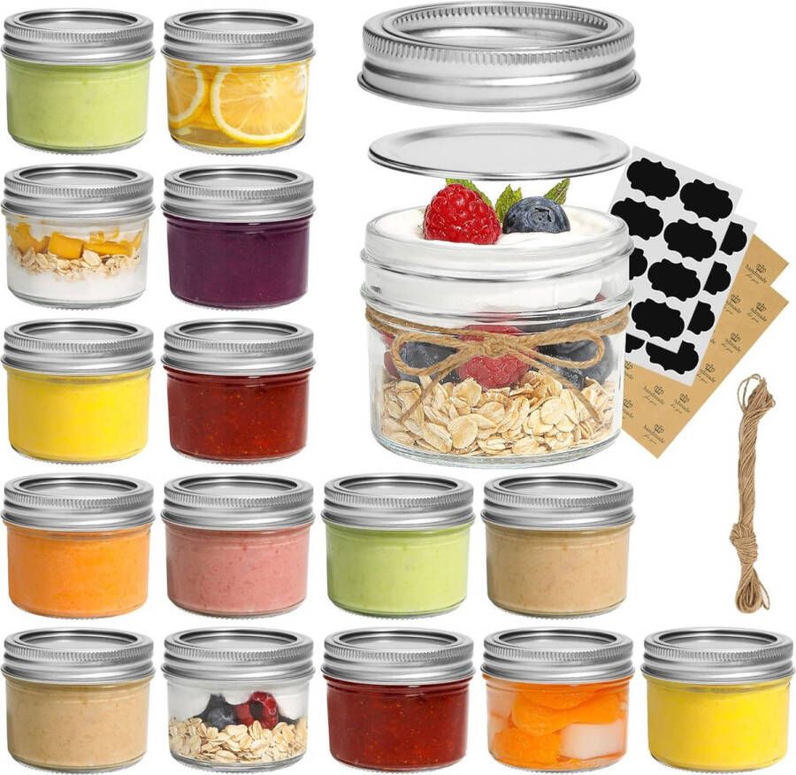 Inmaakpotten van 125 ml met schroefdeksel en stickers weckpotten met deksel verpakking van 16 stuks kleine jampotten voor kruiden zelfgemaakte gerechten gelei jam yoghurtpotten metselaarpotten