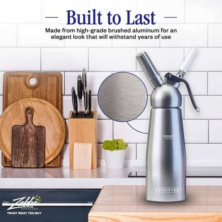 Innovee slagroomapparaat 500 ml professionele slagroomspuit van aluminium met 3 decoratiespuitmondjes en dessertrecepten. Gebruikt standaard N20-patronen (niet inbegrepen)