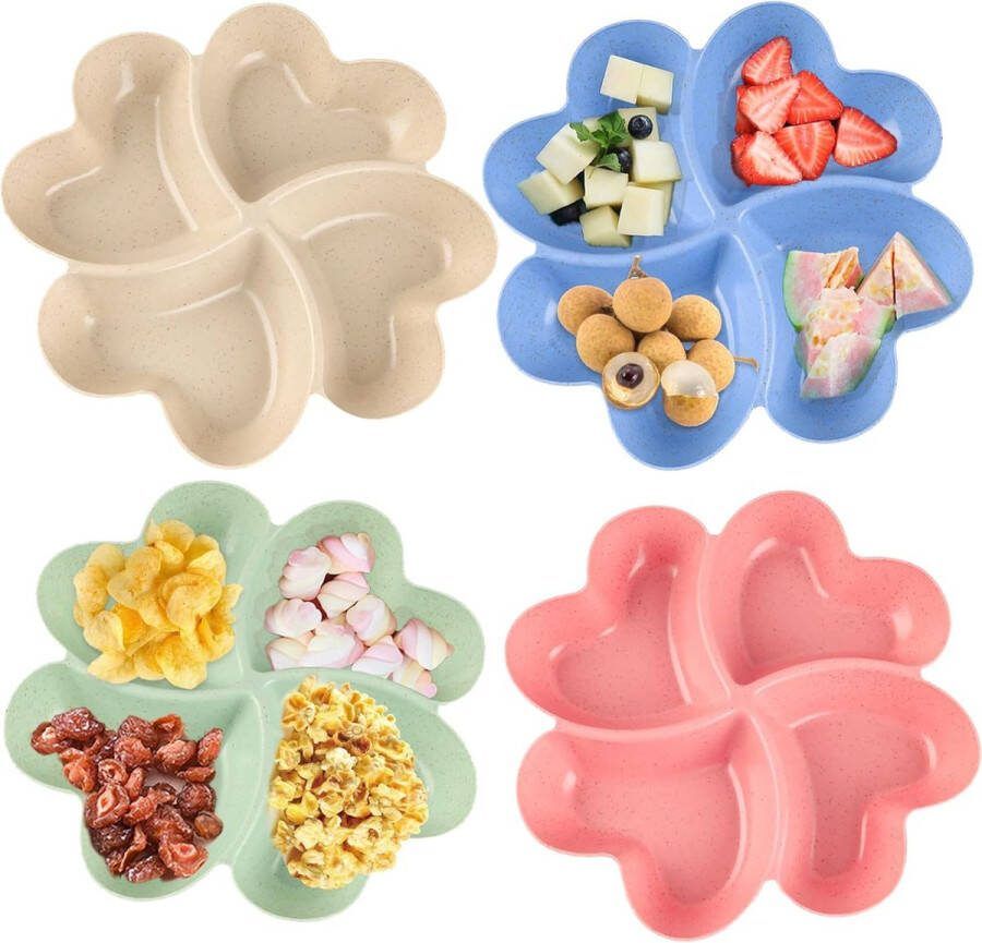 INQUIRLLY Snackborden met vakken 4 stuks hartvormige fruitschaal borden met onderverdeling snackdienblad herbruikbaar snackdienblad fruitborden met vakken voor noten desserts fruit snack