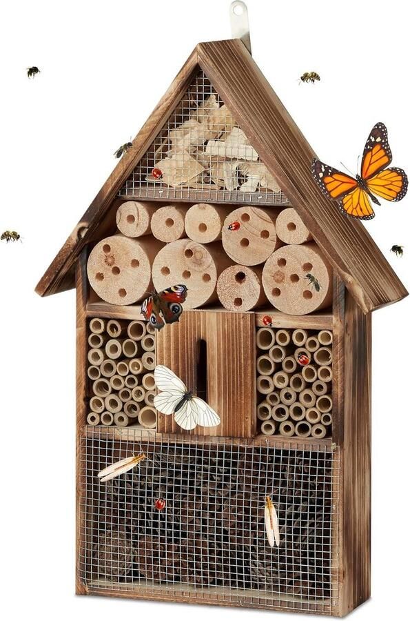 Insectenhotel hangend gevlamd hout 50 cm hoog ophangen in tuin voor kinderen bijenhotel vlinderhuis natuurlijke uitstraling insect hotel