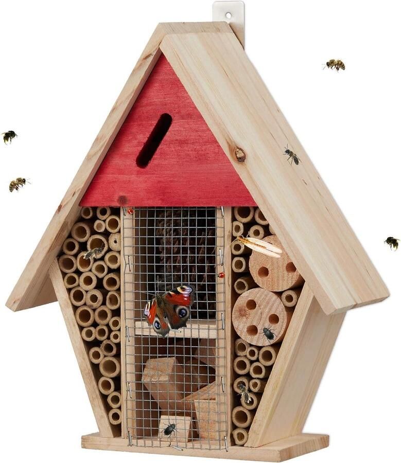 Insectenhotel nestkast voor wilde bijen en vlinders Tuin balkon bijenhotel HxBxD 30 x 25 x 11 cm natuur