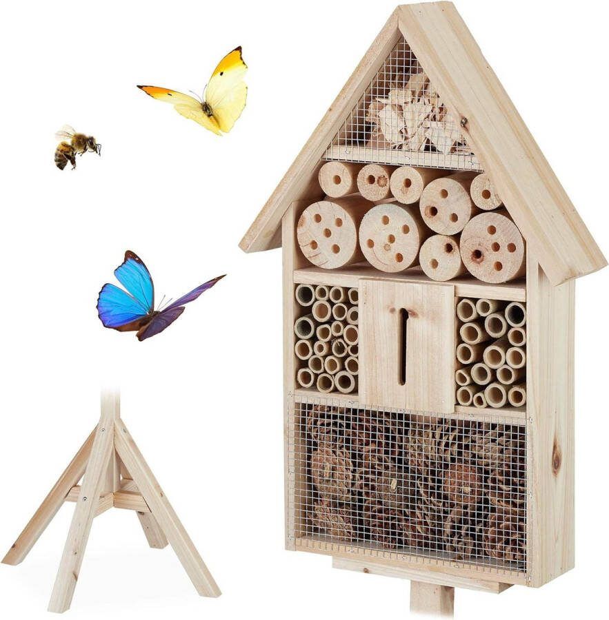 Insectenhotel op standaard nesthulp tuin bijenhotel voor wilde bijen van hout 140x47x47cm natuur