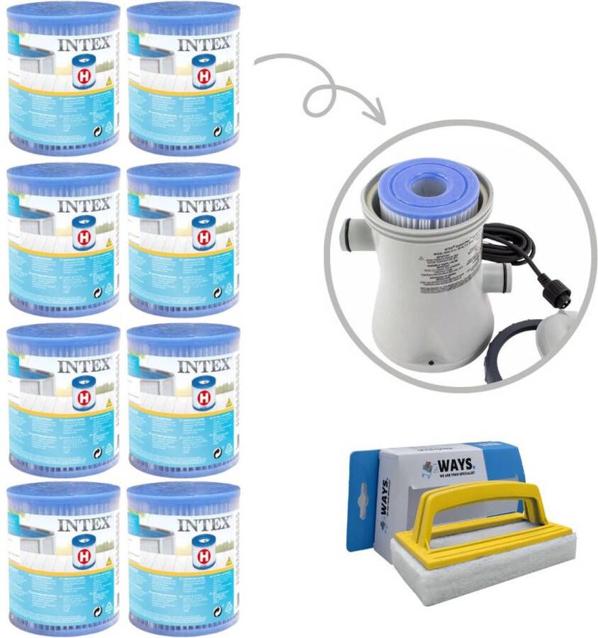 Merkloos Sans marque Intex Voordeelverpakking H filters geschikt voor filterpomp 28602GS 8 stuks & WAYS scrubborstel