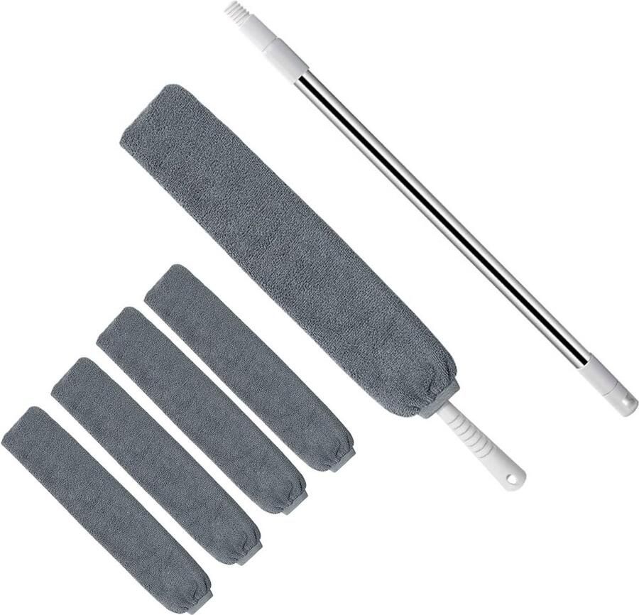Intrekbare spleetstofreiniger met reservefuiken Microvezel handstofdoek Plumeau met telescoopstang en hoekbezem Grijze stofreinigingsborstel ragebol