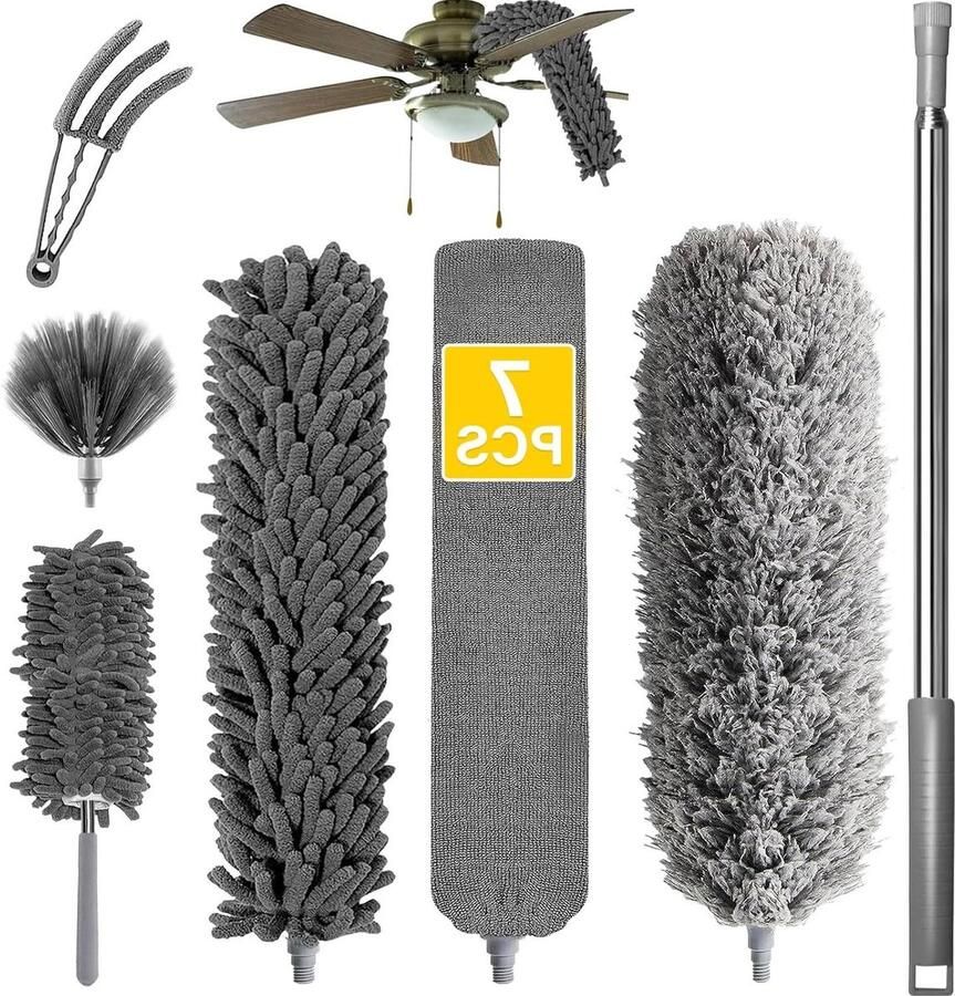 Intrekbare veren microfiber wasbaar herbruikbaar 37 tot 232 cm platte veren ventilatoren hoog plafond jaloezieën grijs Plumeau