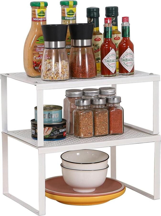 Inzetstuk keukenkast set van 2 kruidenrek metaal keukenplank staand uitbreidbaar stapelbaar bordenrek organizer wit koffie rek