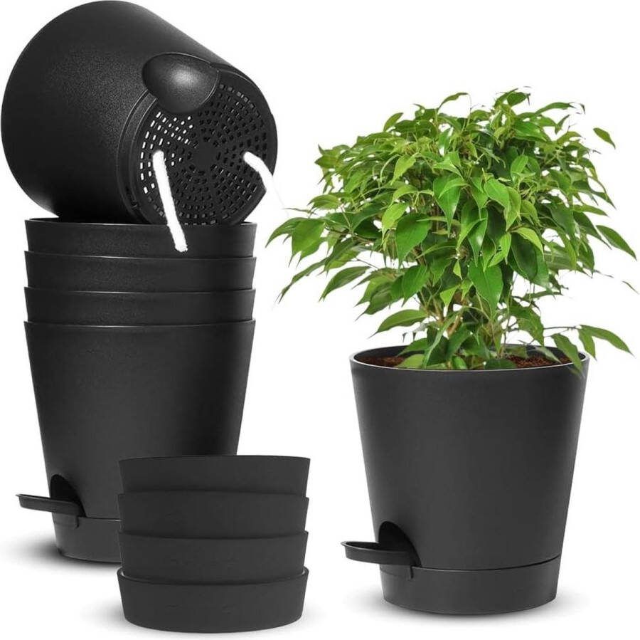 Irrigatiesysteem bloempotten set van 6 zwart 14 cm zelfbewatering met onderzetter ronde plantenpot voor tuin balkon binnen planten decoratie lente modern