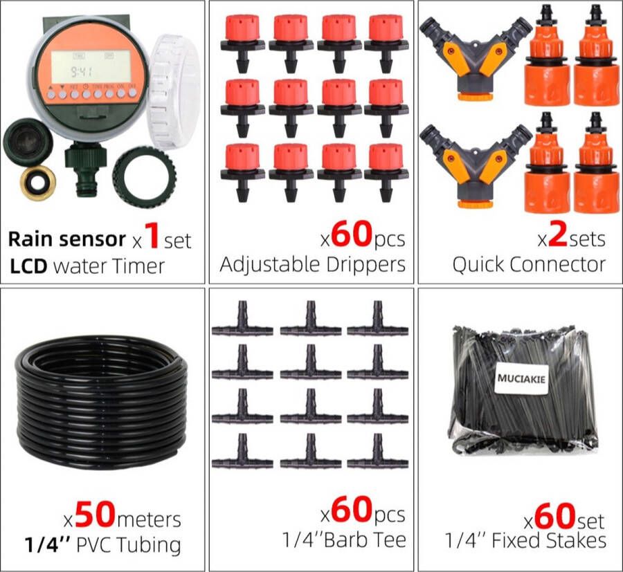 Merkloos Sans marque Irrigatiesysteem Met regendetector Bewateringssysteem tuin 60 Sproeiers Waterdruppelaar 2 Connectors Druppelsysteem Waterslang 50 meter