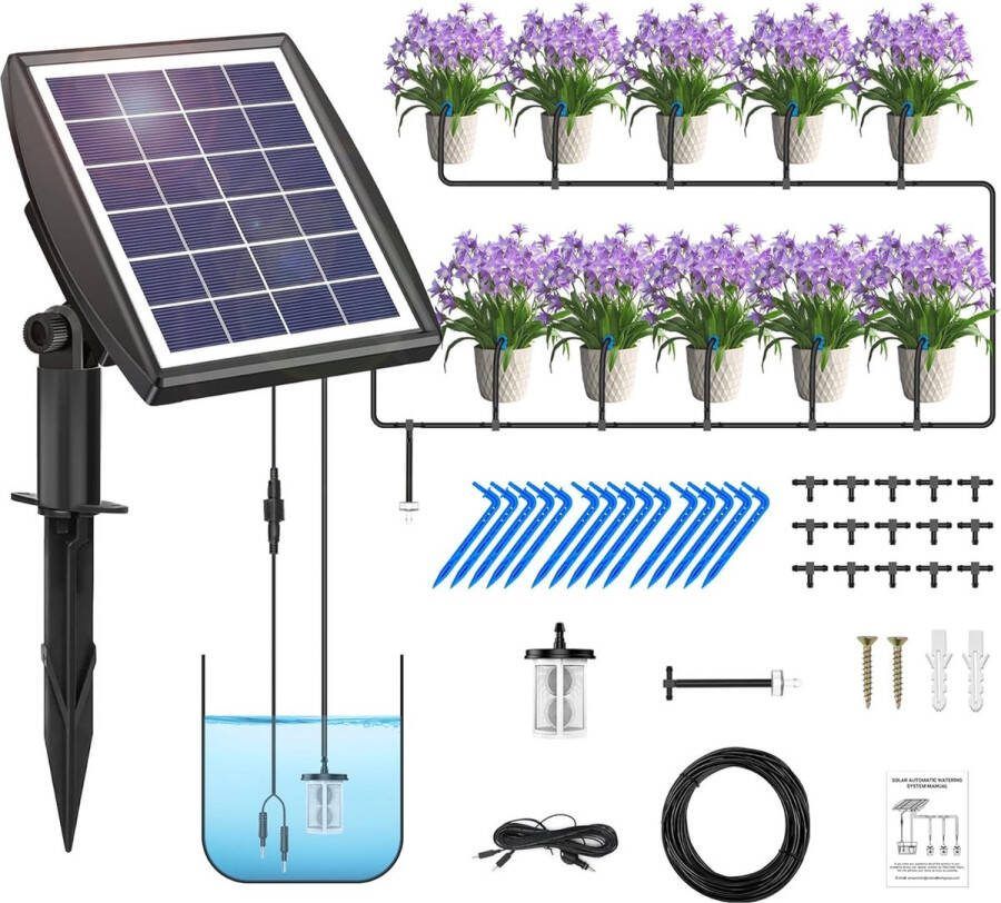 Irrigatiesysteem op zonne-energie druppelirrigatiesysteem automatische druppelslang irrigatiesysteem vakantiebewatering met timermodi + 15 m slang voor tuin balkon planten potplanten buiten