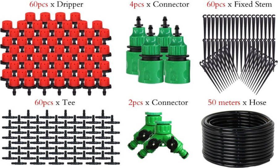 Merkloos Sans marque Irrigatiesysteem Waterslang 50 meter Bewateringssysteem tuin 60 Sproeiers Waterdruppelaar 2 Connectors Druppelsysteem