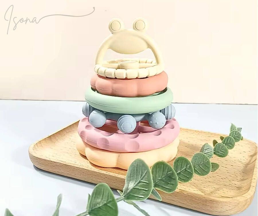 Isona BPA-vrije Siliconen Educatieve Toren Montessori Speelgoed Bijtring Pop it Fidget Sensorisch Buitenspeelgoed Kinderspeelgoed Dreumes Peuter Baby Speelgoed (vanaf 3 maanden) Kraamcadeau Leerzame Spellen