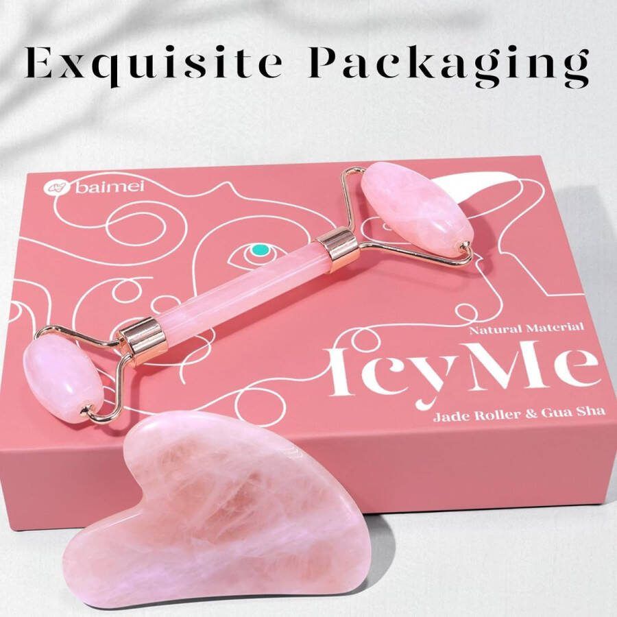 Jade Roller & Gua Sha Face Roller Facial Beauty Roller Huidverzorgingstools Rozenkwarts Massager voor Gezicht Ogen Nek Lichaam Spieren Ontspannen en fijne lijntjes en rimpels verlichten