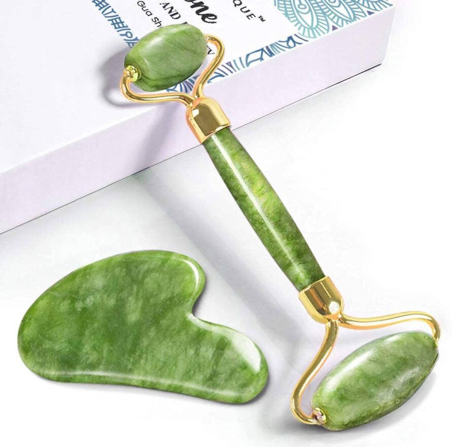 Merkloos Sans marque Jade Roller en Gua Sha Massage Set | Natuurlijke Jade Roller | Gezicht Massager met Gua Sha Stone | Schoonheidscadeau voor vrouw | Groene Jade Facial Roller | Anti-aging | Schoonheidscadeauset | Duurzaam | geruisloos ontwerp