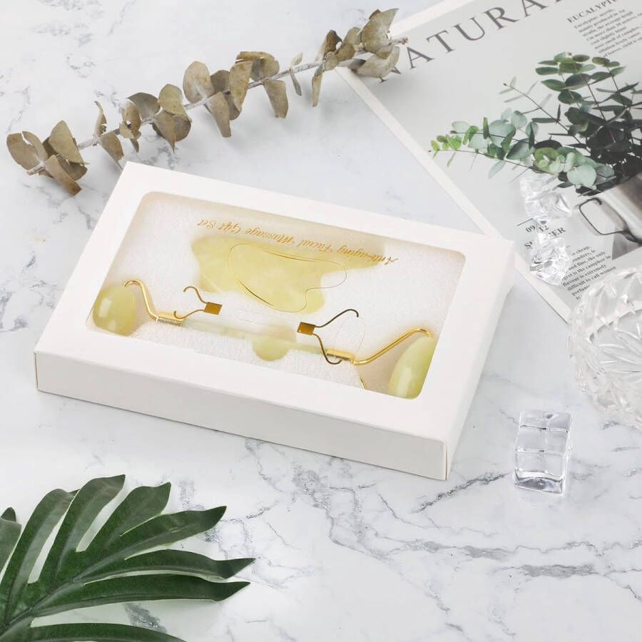 Jade Roller & Gua Sha Schrapen Massage Tool Anti-Aging Quartz 100% Natuurlijke Facial Jade Stone Set Gezicht Eye Neck Beauty Roller voor Afslanken & Versteviging Verjong de huid en