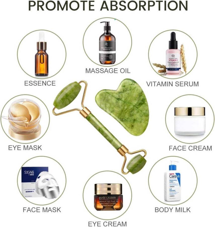 Jade Roller gezicht Massager Gua Sha Gift Kit Eye en Facia huidverzorging Tool vermindert rimpels en verstevigt huid natuurlijke echte Jade steen (groen)