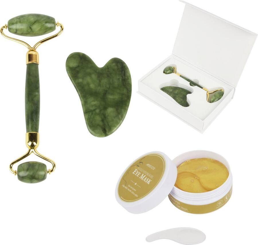 Jade roller met Gua Sha schraper(groen)- met collageen oogmaskers -gezichtsverzorging- guasha- huidverzorging