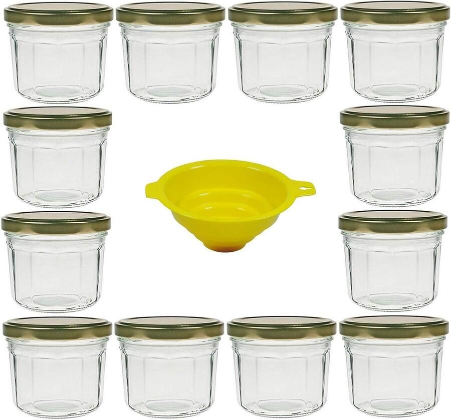 Jampotjes met deksel 12 ronde inmaakpotten in facet-look 240 ml gele vultrechter html content nodig jampotjes met deksel