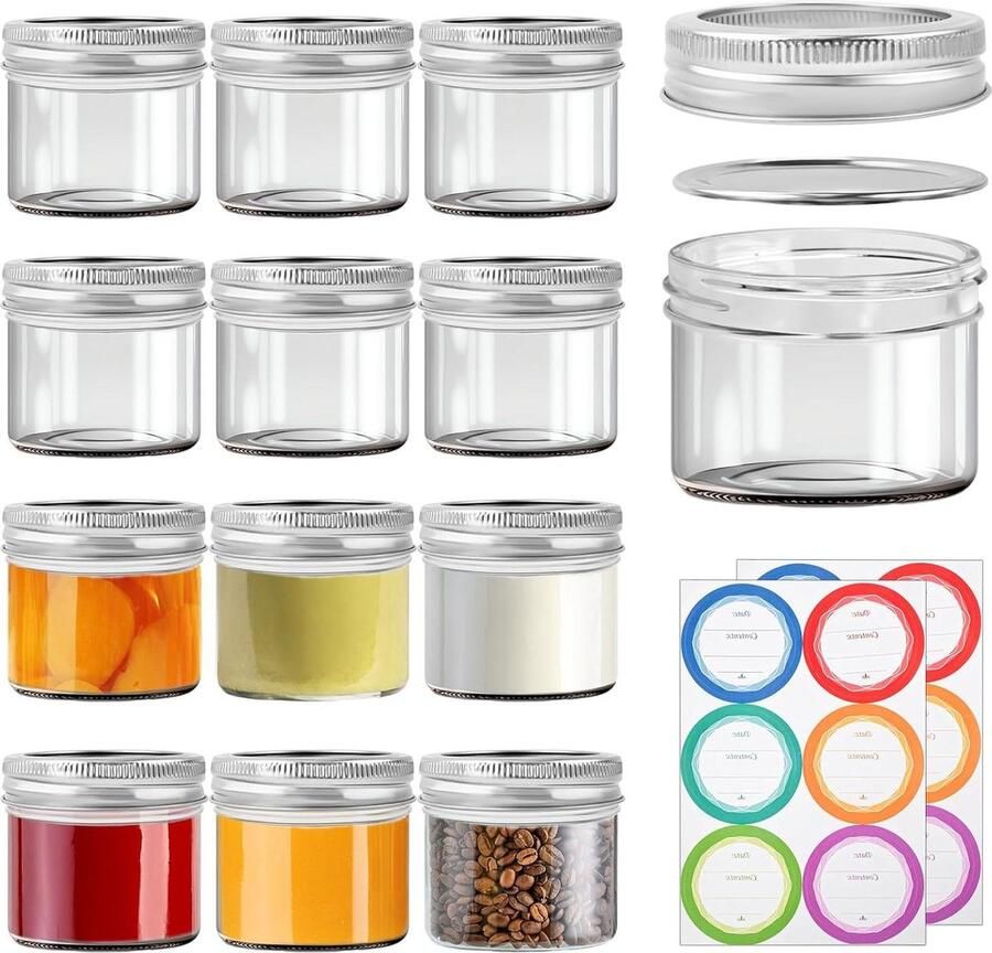 Jampotjes met deksel 12 stuks glazen weckpotten 100 ml mini-weckpotten glas etiketten kruiden jam gelei jampotjes met deksel