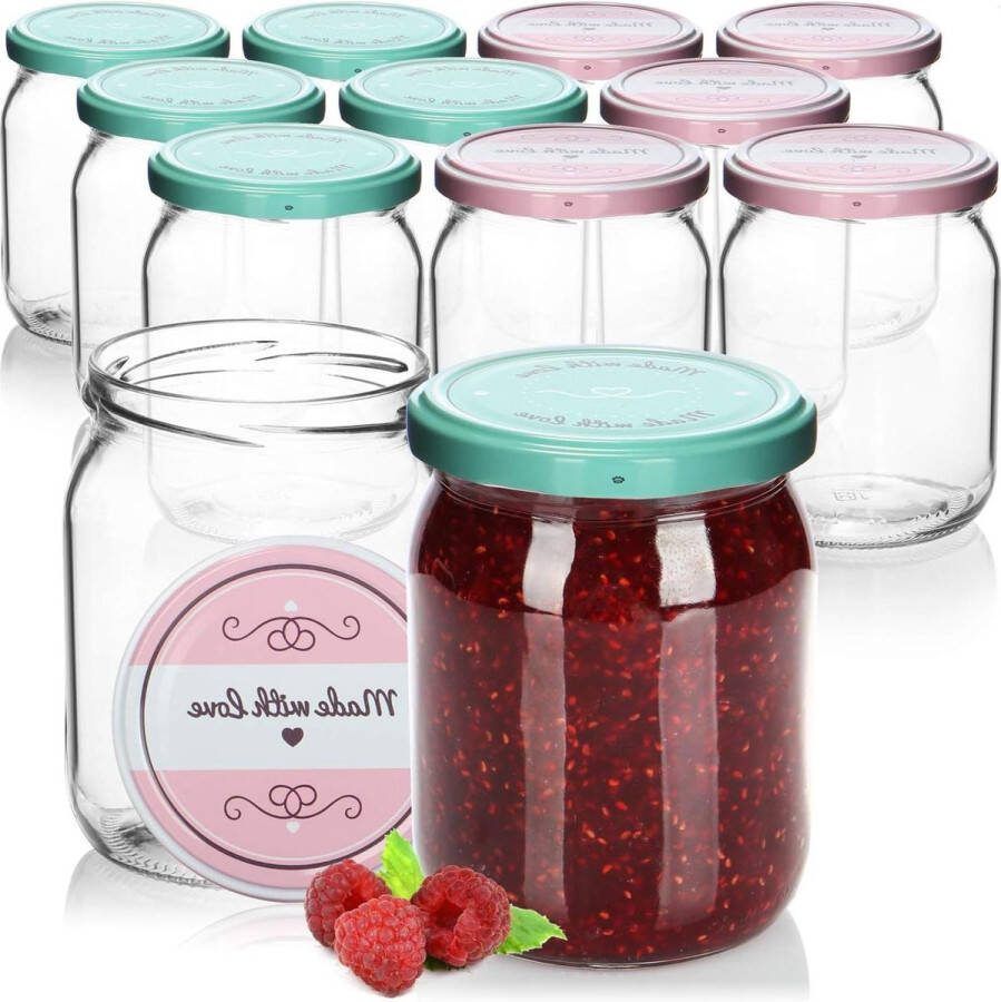 Jampotjes met deksel 12x weckpotten met schroefdeksel Made with love in groen en roze TOT Ø 82 mm aanbevolen vulhoeveelheid ca. 490 ml tot aan de rand van het glas ca. 540 ml jampotjes met deksel